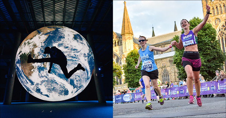 man jumping in front of Gaia art installation and runners at Durham City Run